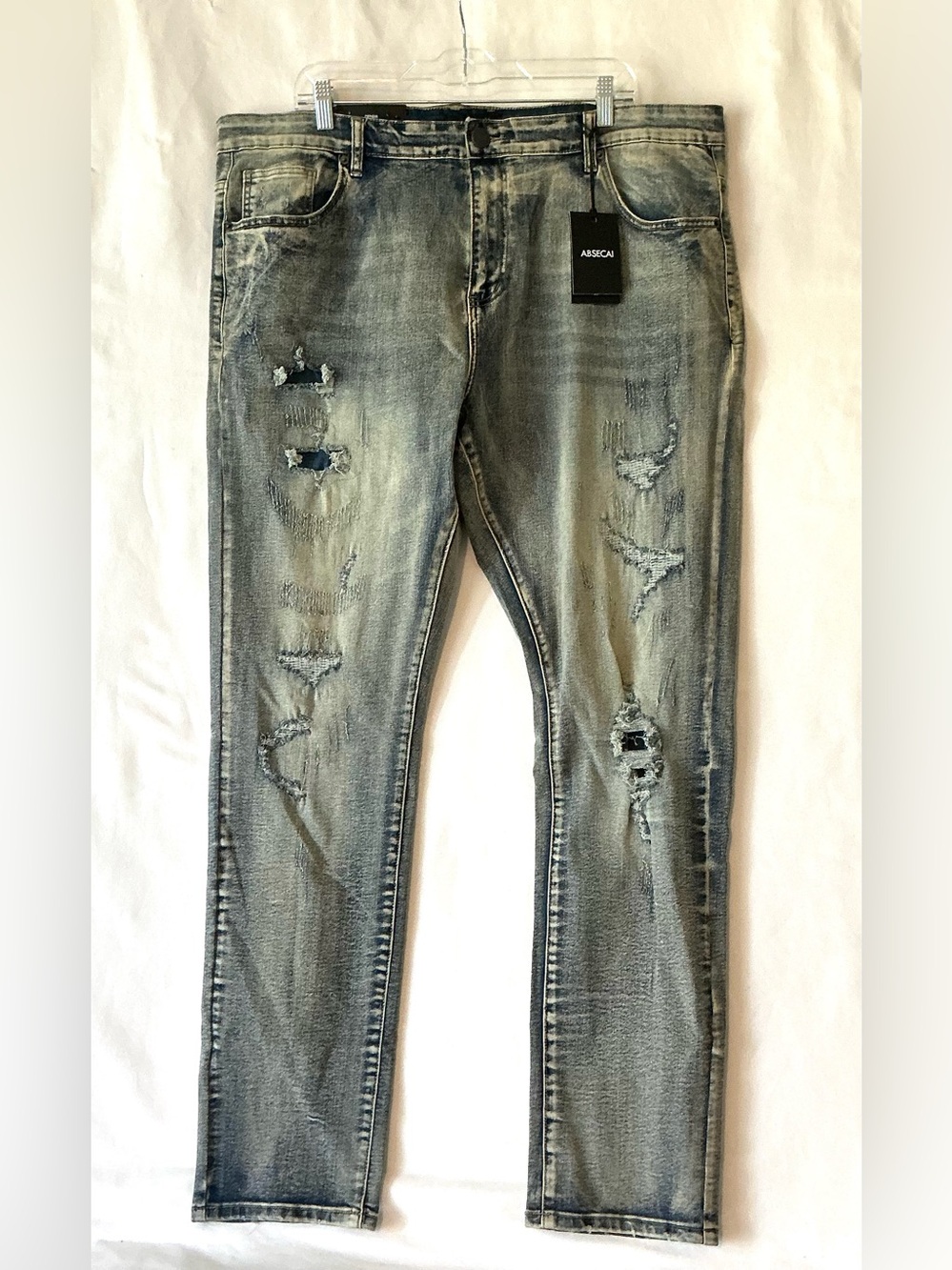 NWT Absecai Men’s Sz42 Factory Distressed High Rise Flare Jeans Blue Denim